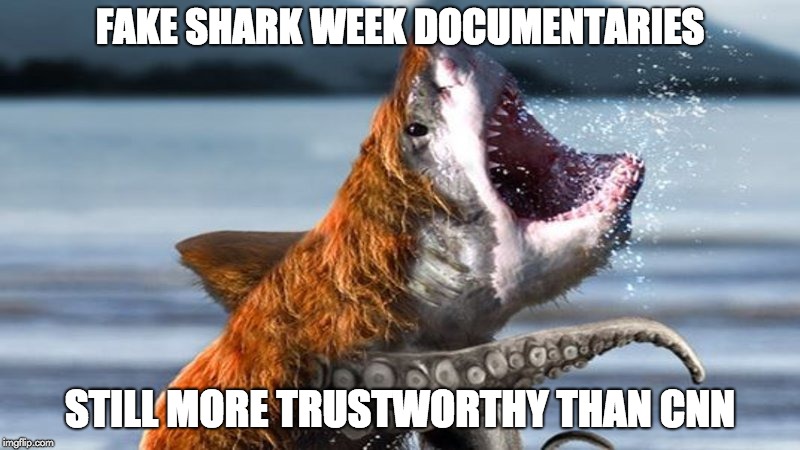 Shark Week 2018! | FAKE SHARK WEEK DOCUMENTARIES; STILL MORE TRUSTWORTHY THAN CNN | image tagged in shark week,cnn fake news,cnn,bearshark | made w/ Imgflip meme maker