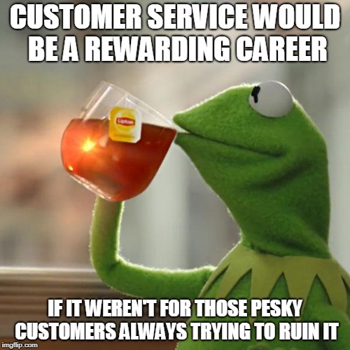 Truth! | CUSTOMER SERVICE WOULD BE A REWARDING CAREER; IF IT WEREN'T FOR THOSE PESKY CUSTOMERS ALWAYS TRYING TO RUIN IT | image tagged in memes,but thats none of my business,kermit the frog,customers,customer service,annoying customers | made w/ Imgflip meme maker