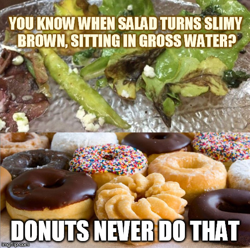 Salad Versus Donut | YOU KNOW WHEN SALAD TURNS SLIMY BROWN, SITTING IN GROSS WATER? DONUTS NEVER DO THAT | image tagged in donut,salad,food,healthy | made w/ Imgflip meme maker