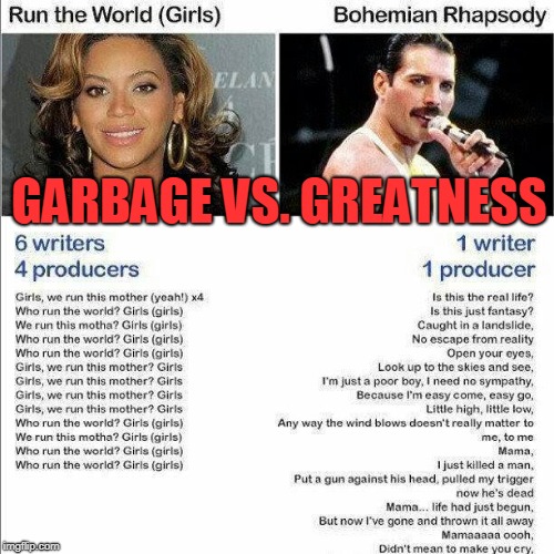 Kids Today Wouldn't Know Talent If It Kicked Them In The Ass | GARBAGE VS. GREATNESS | image tagged in beyonce,freddie mercury,comparison,so true | made w/ Imgflip meme maker