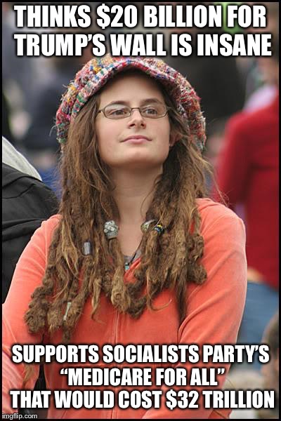 Liberal Logic | THINKS $20 BILLION FOR TRUMP’S WALL IS INSANE; SUPPORTS SOCIALISTS PARTY’S “MEDICARE FOR ALL” THAT WOULD COST $32 TRILLION | image tagged in memes,college liberal,liberal logic,build that wall | made w/ Imgflip meme maker