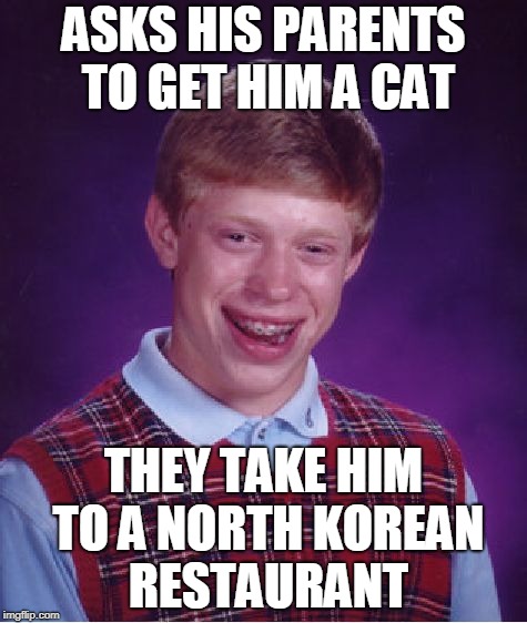 Red bean paste sauce, or marinade with sesame seeds? (̶◉͛‿◉̶) | ASKS HIS PARENTS TO GET HIM A CAT; THEY TAKE HIM TO A NORTH KOREAN RESTAURANT | image tagged in memes,bad luck brian,cat,cat lover,bbq,parents just don't understand | made w/ Imgflip meme maker