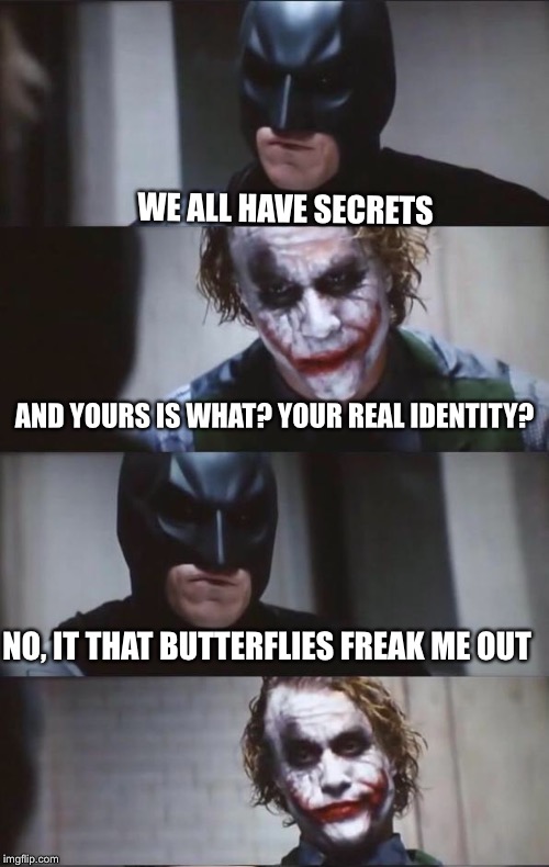 Batman and Joker | WE ALL HAVE SECRETS; AND YOURS IS WHAT? YOUR REAL IDENTITY? NO, IT THAT BUTTERFLIES FREAK ME OUT | image tagged in batman and joker | made w/ Imgflip meme maker