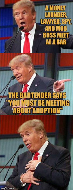 Derpie Joke Trump | A MONEY LAUNDER, LAWYER, SPY, AND MOB BOSS MEET AT A BAR; THE BARTENDER SAYS "YOU MUST BE MEETING ABOUT ADOPTION" | image tagged in bad pun trump,memes,stupid,donald trump is an idiot | made w/ Imgflip meme maker