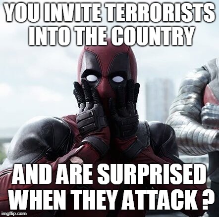 Deadpool Surprised | YOU INVITE TERRORISTS INTO THE COUNTRY; AND ARE SURPRISED WHEN THEY ATTACK ? | image tagged in memes,deadpool surprised | made w/ Imgflip meme maker
