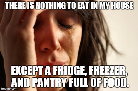 First World Problems Meme | THERE IS NOTHING TO EAT IN MY HOUSE EXCEPT A FRIDGE, FREEZER, AND PANTRY FULL OF FOOD. | image tagged in memes,first world problems | made w/ Imgflip meme maker