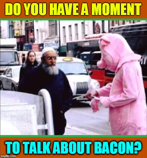 Pardon Me, Sir... | DO YOU HAVE A MOMENT; TO TALK ABOUT BACON? | image tagged in vince vance,pig in costume,muslim being offered pork,bacon,muslims,haram | made w/ Imgflip meme maker