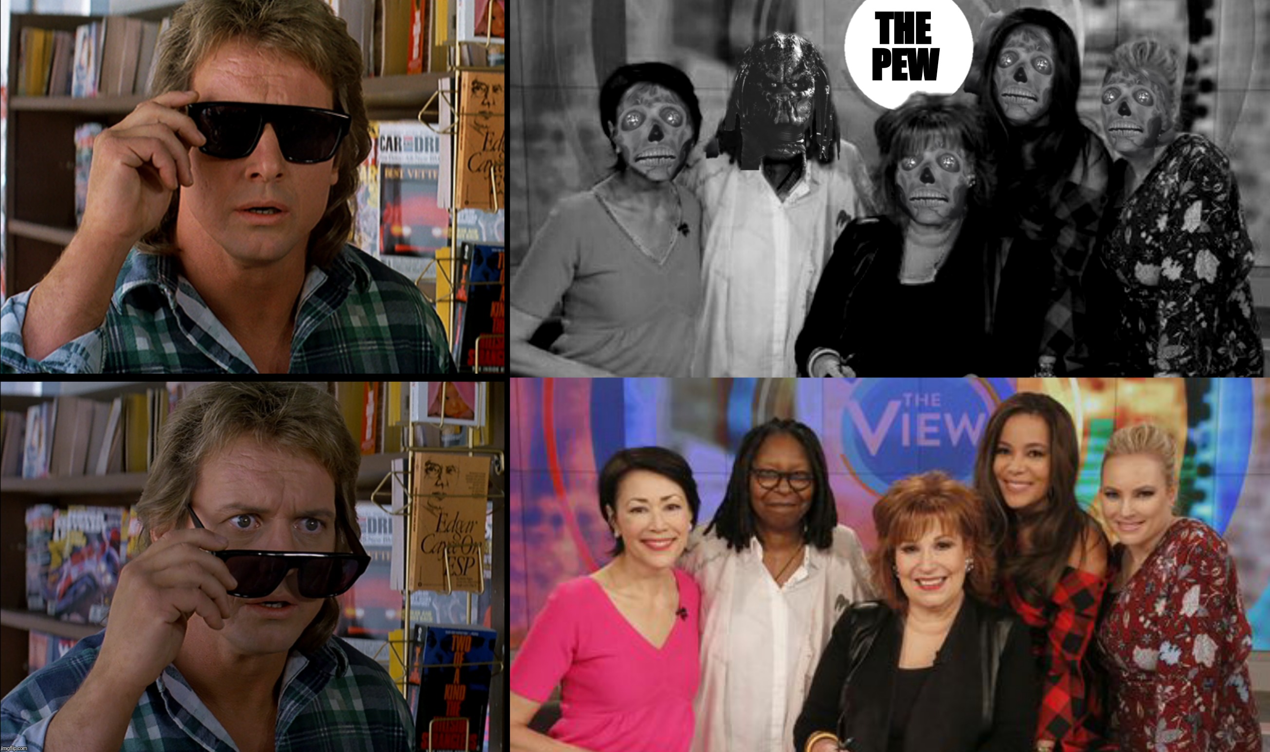 Bad Photoshop Sunday presents:  They Cackle! | THE; PEW | image tagged in bad photoshop sunday,they live,the view,sunglasses | made w/ Imgflip meme maker