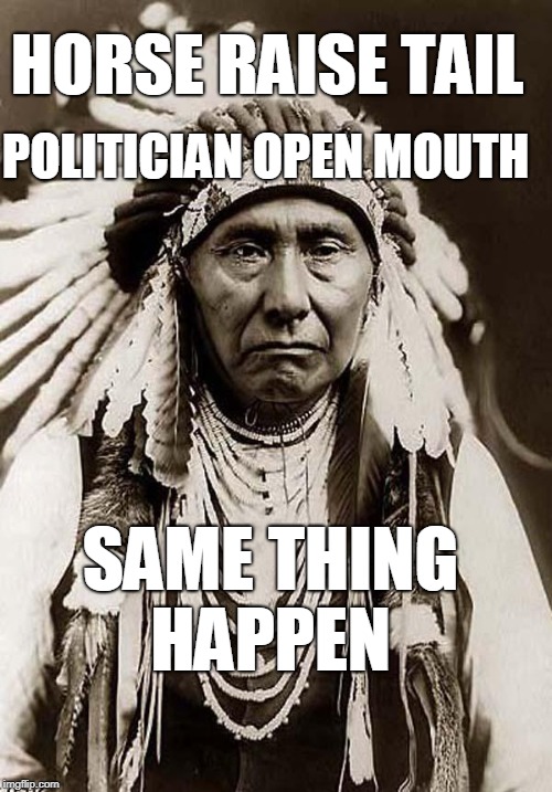 Wise words to remember  | HORSE RAISE TAIL; POLITICIAN OPEN MOUTH; SAME THING HAPPEN | image tagged in wise old indian chief,politicians suck,campaign promises,democrat,republican,memes | made w/ Imgflip meme maker