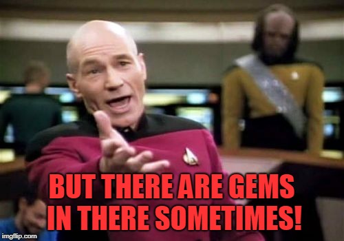 Picard Wtf Meme | BUT THERE ARE GEMS IN THERE SOMETIMES! | image tagged in memes,picard wtf | made w/ Imgflip meme maker