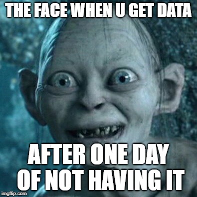 Gollum Meme | THE FACE WHEN U GET DATA; AFTER ONE DAY OF NOT HAVING IT | image tagged in memes,gollum | made w/ Imgflip meme maker