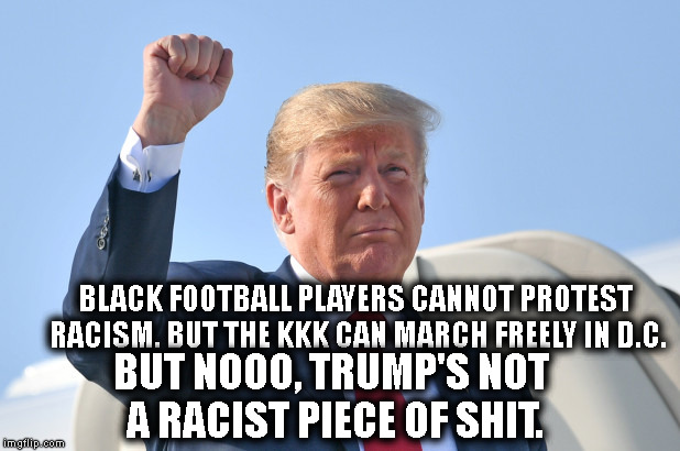Our Racist President | BLACK FOOTBALL PLAYERS CANNOT PROTEST RACISM. BUT THE KKK CAN MARCH FREELY IN D.C. BUT NOOO, TRUMP'S NOT A RACIST PIECE OF SHIT. | image tagged in human garbage,trump,racist,kkk,take a knee,protest | made w/ Imgflip meme maker