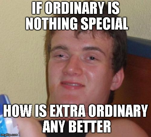 10 Guy | IF ORDINARY IS NOTHING SPECIAL; HOW IS EXTRA ORDINARY ANY BETTER | image tagged in 10 guy,stupid,ordinary,smart,special kind of stupid,philosoraptor | made w/ Imgflip meme maker