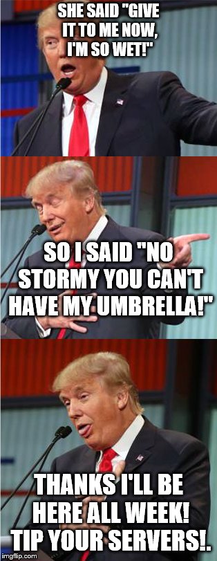 It's high time he should stand down and go do stand up!  | SHE SAID "GIVE IT TO ME NOW, I'M SO WET!"; SO I SAID "NO STORMY YOU CAN'T HAVE MY UMBRELLA!"; THANKS I'LL BE HERE ALL WEEK! TIP YOUR SERVERS!. | image tagged in bad pun trump,donald trump the clown,dump trump,political meme,donald trump is an idiot | made w/ Imgflip meme maker
