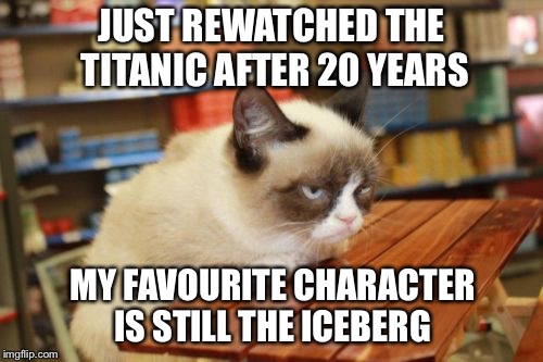 Grumpy Cat Table Meme | JUST REWATCHED THE TITANIC AFTER 20 YEARS; MY FAVOURITE CHARACTER IS STILL THE ICEBERG | image tagged in memes,grumpy cat table,grumpy cat,titanic | made w/ Imgflip meme maker