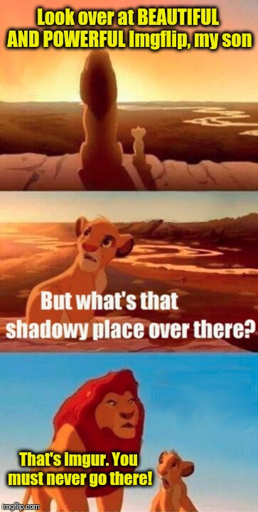Simba Shadowy Place | Look over at BEAUTIFUL AND POWERFUL Imgflip, my son; That's imgur. You must never go there! | image tagged in memes,simba shadowy place | made w/ Imgflip meme maker