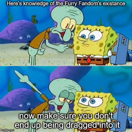 Something I didn't listen to | Here's knowledge of the Furry Fandom's existance; now make sure you don't end up being dragged into it | image tagged in memes,talk to spongebob,furry | made w/ Imgflip meme maker