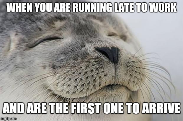 Satisfied Seal | WHEN YOU ARE RUNNING LATE TO WORK; AND ARE THE FIRST ONE TO ARRIVE | image tagged in memes,satisfied seal,AdviceAnimals | made w/ Imgflip meme maker