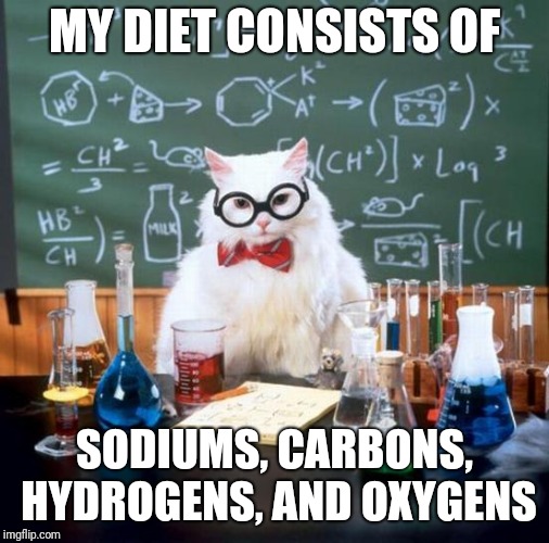 Chemistry Cat Meme | MY DIET CONSISTS OF; SODIUMS, CARBONS, HYDROGENS, AND OXYGENS | image tagged in memes,chemistry cat | made w/ Imgflip meme maker