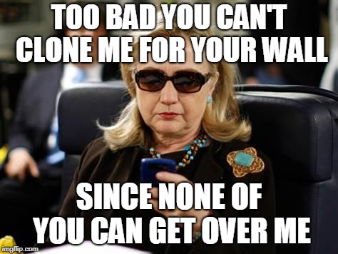 Hillary Clinton Cellphone | TOO BAD YOU CAN'T CLONE ME FOR YOUR WALL; SINCE NONE OF YOU CAN GET OVER ME | image tagged in memes,hillary clinton cellphone | made w/ Imgflip meme maker