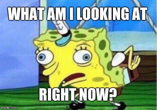 WHAT AM I LOOKING AT RIGHT NOW? | image tagged in memes,mocking spongebob | made w/ Imgflip meme maker