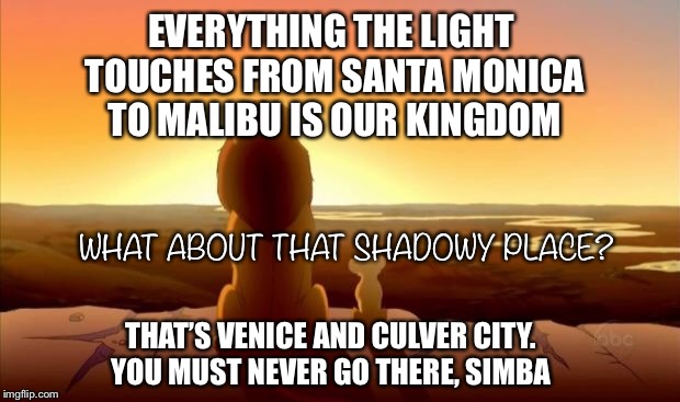 MUFASA AND SIMBA | EVERYTHING THE LIGHT TOUCHES FROM SANTA MONICA TO MALIBU IS OUR KINGDOM; WHAT ABOUT THAT SHADOWY PLACE? THAT’S VENICE AND CULVER CITY. YOU MUST NEVER GO THERE, SIMBA | image tagged in mufasa and simba | made w/ Imgflip meme maker