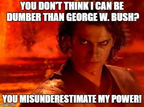 You Underestimate My Power | YOU DON'T THINK I CAN BE DUMBER THAN GEORGE W. BUSH? YOU MISUNDERESTIMATE MY POWER! | image tagged in memes,you underestimate my power,george w bush,bush,misunderestimate | made w/ Imgflip meme maker