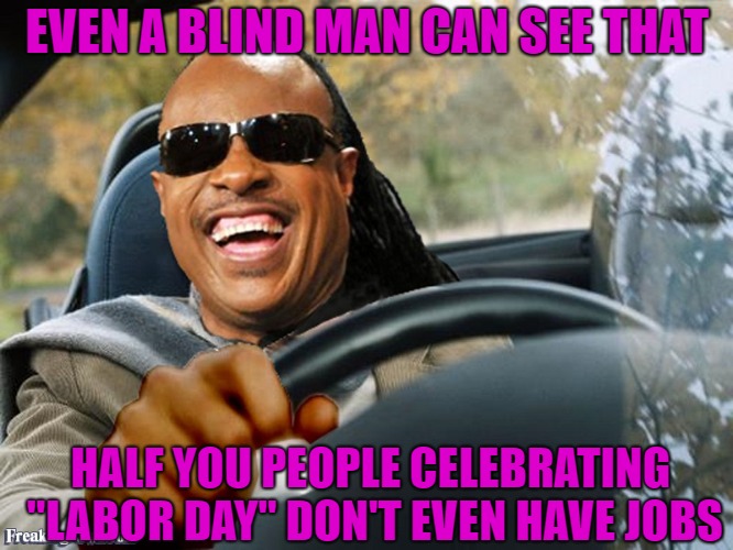I gotta work but only for a couple of hours... | EVEN A BLIND MAN CAN SEE THAT; HALF YOU PEOPLE CELEBRATING "LABOR DAY" DON'T EVEN HAVE JOBS | image tagged in stevie wonder driving,memes,labor day,funny,unemployed,celebration | made w/ Imgflip meme maker