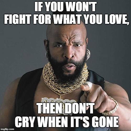 Mr T Pity The Fool | IF YOU WON'T FIGHT FOR WHAT YOU LOVE, THEN DON'T CRY WHEN IT'S GONE | image tagged in memes,mr t pity the fool | made w/ Imgflip meme maker