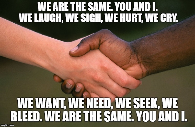 WE ARE THE SAME. YOU AND I. WE LAUGH, WE SIGH, WE HURT, WE CRY. WE WANT, WE NEED, WE SEEK, WE BLEED. WE ARE THE SAME. YOU AND I. | image tagged in together,black lives matter,white power,segregation,liberals,democrats | made w/ Imgflip meme maker