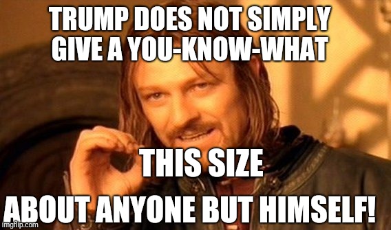 Trump does not simply | TRUMP DOES NOT SIMPLY GIVE A YOU-KNOW-WHAT; THIS SIZE; ABOUT ANYONE BUT HIMSELF! | image tagged in memes,one does not simply,trump,trump is an asshole,trump is a moron,donald trump is an idiot | made w/ Imgflip meme maker
