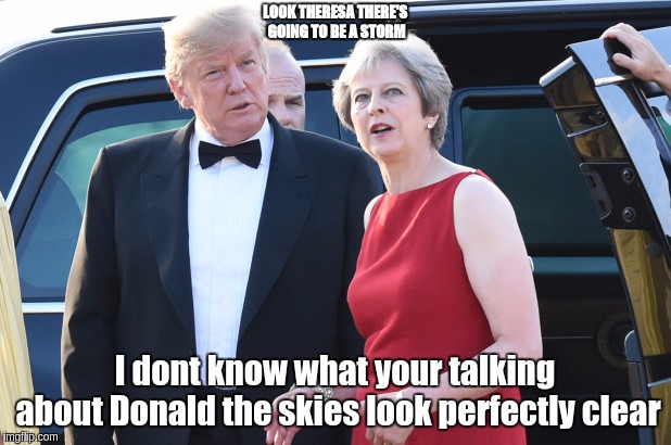 #THESTORM | LOOK THERESA THERE'S GOING TO BE A STORM; I dont know what your talking about Donald the skies look perfectly clear | image tagged in theresa may,donald trump,vatican,pope francis,human rights,child abuse | made w/ Imgflip meme maker