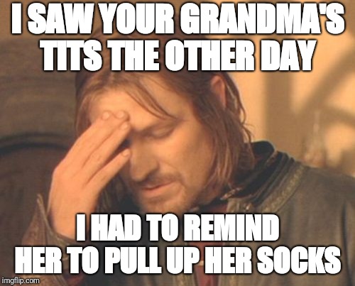 Frustrated Boromir | I SAW YOUR GRANDMA'S TITS THE OTHER DAY; I HAD TO REMIND HER TO PULL UP HER SOCKS | image tagged in memes,frustrated boromir | made w/ Imgflip meme maker