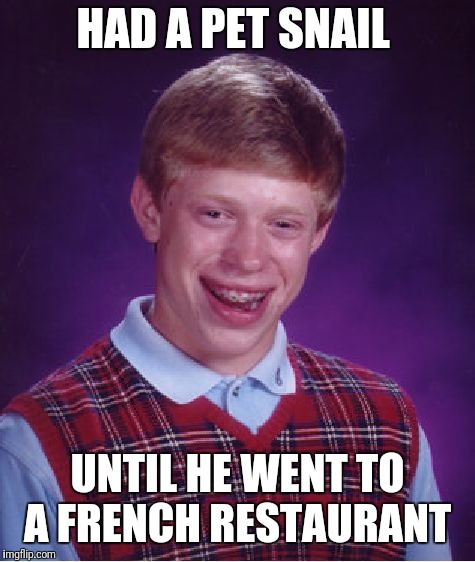 Bad luck brian  | HAD A PET SNAIL; UNTIL HE WENT TO A FRENCH RESTAURANT | image tagged in memes,bad luck brian,snail,pets,food,french | made w/ Imgflip meme maker