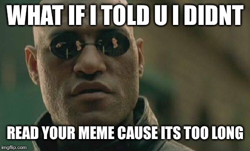 And had a very tiny font.... | WHAT IF I TOLD U I DIDNT; READ YOUR MEME CAUSE ITS TOO LONG | image tagged in memes,matrix morpheus,memith or not,to meme is to meme | made w/ Imgflip meme maker