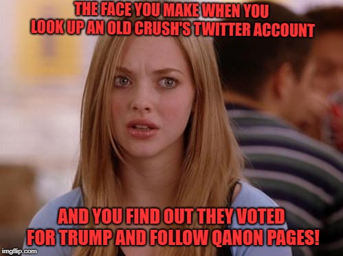 OMG Karen | THE FACE YOU MAKE WHEN YOU LOOK UP AN OLD CRUSH'S TWITTER ACCOUNT; AND YOU FIND OUT THEY VOTED FOR TRUMP AND FOLLOW QANON PAGES! | image tagged in memes,omg karen | made w/ Imgflip meme maker