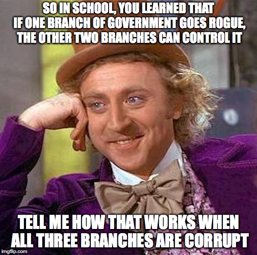 There's a flaw in the system | SO IN SCHOOL, YOU LEARNED THAT IF ONE BRANCH OF GOVERNMENT GOES ROGUE, THE OTHER TWO BRANCHES CAN CONTROL IT; TELL ME HOW THAT WORKS WHEN ALL THREE BRANCHES ARE CORRUPT | image tagged in wonka,constitution,fail | made w/ Imgflip meme maker