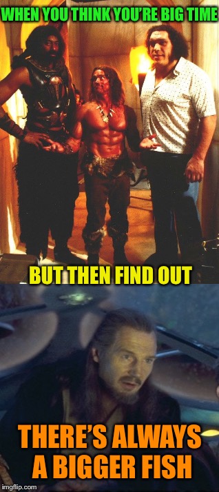 I’ll be back... with a step-stool! | WHEN YOU THINK YOU’RE BIG TIME; BUT THEN FIND OUT; THERE’S ALWAYS A BIGGER FISH | image tagged in arnold schwarzenegger,conan the barbarian,andre the giant,funny memes | made w/ Imgflip meme maker