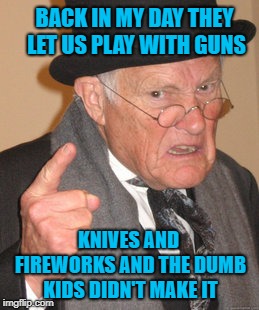 Growing up in the 70's was tough but it was fun and it made us STRONG!!! | BACK IN MY DAY THEY LET US PLAY WITH GUNS; KNIVES AND FIREWORKS AND THE DUMB KIDS DIDN'T MAKE IT | image tagged in memes,back in my day,1970's,funny,fun times,crazy kids | made w/ Imgflip meme maker