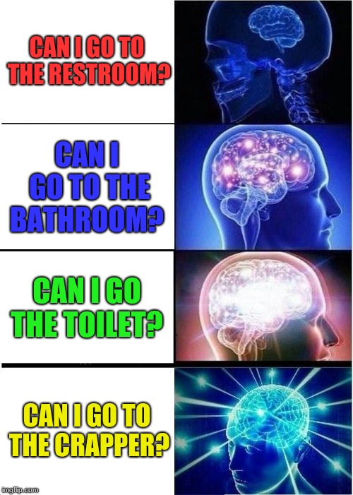 Can I... | CAN I GO TO THE RESTROOM? CAN I GO TO THE BATHROOM? CAN I GO THE TOILET? CAN I GO TO THE CRAPPER? | image tagged in memes,expanding brain,toilet,restroom,bathroom,crapper | made w/ Imgflip meme maker