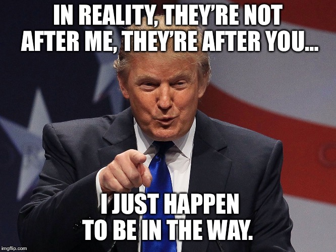 Donald Trump  | IN REALITY, THEY’RE NOT AFTER ME, THEY’RE AFTER YOU…; I JUST HAPPEN TO BE IN THE WAY. | image tagged in donald trump | made w/ Imgflip meme maker
