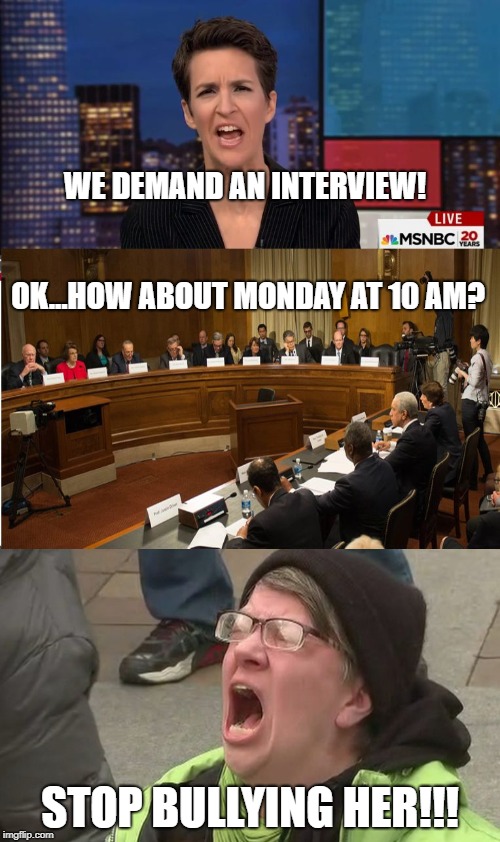 Christine Ford Interview | WE DEMAND AN INTERVIEW!            
                               OK...HOW ABOUT MONDAY AT 10 AM? STOP BULLYING HER!!! | image tagged in christine blasey ford,christine ford,rachel maddow | made w/ Imgflip meme maker