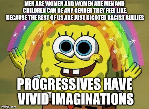 Imagination Spongebob | MEN ARE WOMEN AND WOMEN ARE MEN AND CHILDREN CAN BE ANY GENDER THEY FEEL LIKE, BECAUSE THE REST OF US ARE JUST BIGOTED RACIST BULLIES; PROGRESSIVES HAVE VIVID IMAGINATIONS | image tagged in memes,imagination spongebob | made w/ Imgflip meme maker