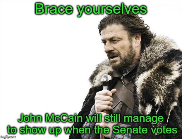 Hard to keep down | Brace yourselves; John McCain will still manage to show up when the Senate votes | image tagged in memes,brace yourselves x is coming,john mccain | made w/ Imgflip meme maker