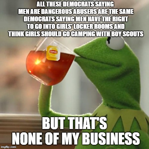 But That's None Of My Business | ALL THESE DEMOCRATS SAYING MEN ARE DANGEROUS ABUSERS ARE THE SAME DEMOCRATS SAYING MEN HAVE THE RIGHT TO GO INTO GIRLS' LOCKER ROOMS AND THINK GIRLS SHOULD GO CAMPING WITH BOY SCOUTS; BUT THAT'S NONE OF MY BUSINESS | image tagged in memes,but thats none of my business,kermit the frog | made w/ Imgflip meme maker