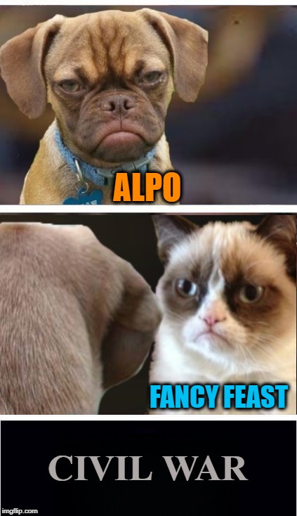 Purina Civil War | ALPO; FANCY FEAST; CIVIL WAR | image tagged in funny memes,marvel civil war,grumpy cat,dog,dog food,cat food | made w/ Imgflip meme maker
