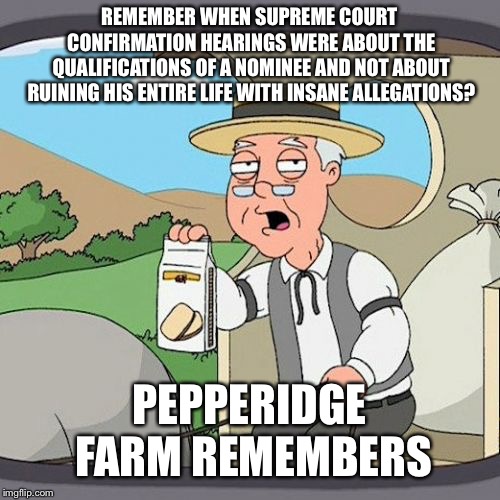 Pepperidge Farm Remembers Meme | REMEMBER WHEN SUPREME COURT CONFIRMATION HEARINGS WERE ABOUT THE QUALIFICATIONS OF A NOMINEE AND NOT ABOUT RUINING HIS ENTIRE LIFE WITH INSANE ALLEGATIONS? PEPPERIDGE FARM REMEMBERS | image tagged in memes,pepperidge farm remembers | made w/ Imgflip meme maker