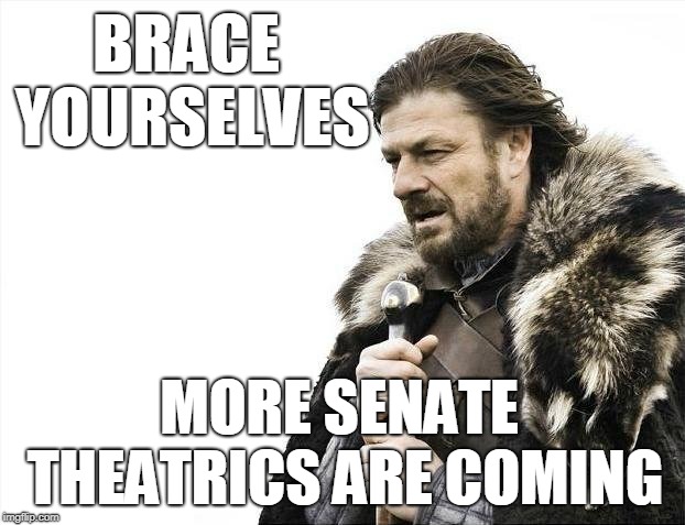 Just when you thought it was safe to go into the committee chambers | BRACE YOURSELVES; MORE SENATE THEATRICS ARE COMING | image tagged in memes,brace yourselves x is coming,kavanaugh,senate,circus | made w/ Imgflip meme maker