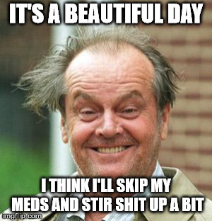 What better way to start the weekend | IT'S A BEAUTIFUL DAY; I THINK I'LL SKIP MY MEDS AND STIR SHIT UP A BIT | image tagged in jack nicholson crazy hair | made w/ Imgflip meme maker