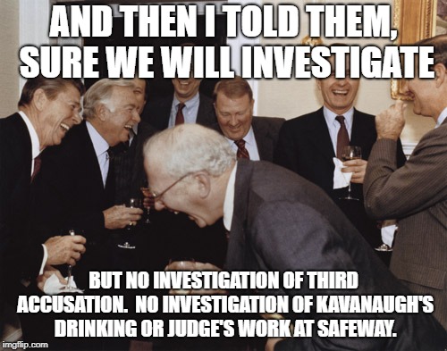 And then I told them | AND THEN I TOLD THEM, SURE WE WILL INVESTIGATE; BUT NO INVESTIGATION OF THIRD ACCUSATION.  NO INVESTIGATION OF KAVANAUGH'S DRINKING OR JUDGE'S WORK AT SAFEWAY. | image tagged in and then i told them,AdviceAnimals | made w/ Imgflip meme maker